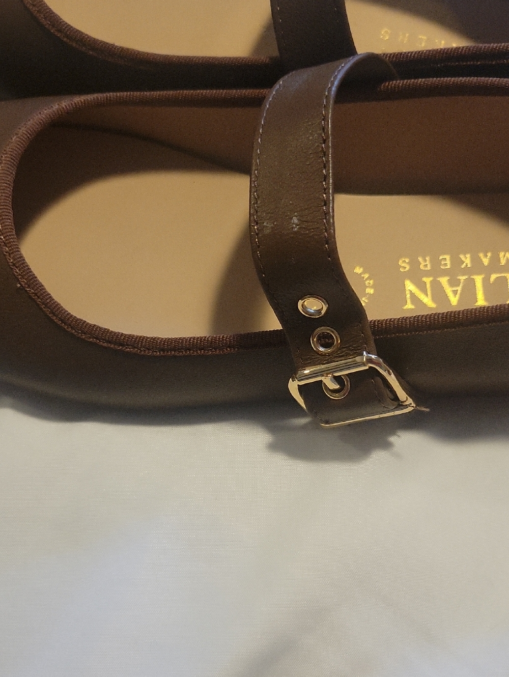 Size 7 Italian Shoemakers Brown Mary Jane Flats with Gold Logo - Picture 4 of 7